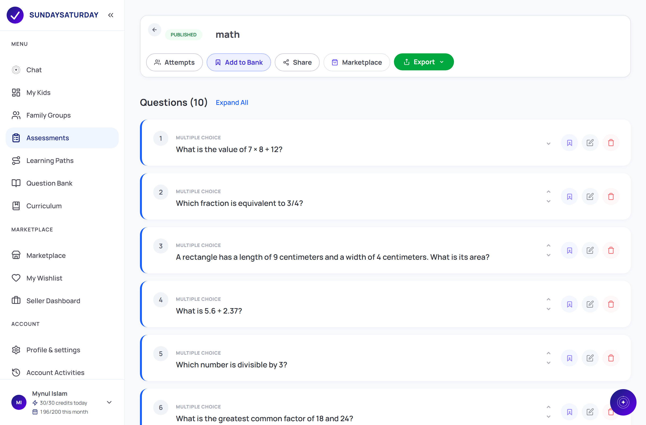 The assessment editor showing ten AI-generated multiple-choice questions, with Attempts, Add to Bank, Share, Marketplace and Export in the toolbar.