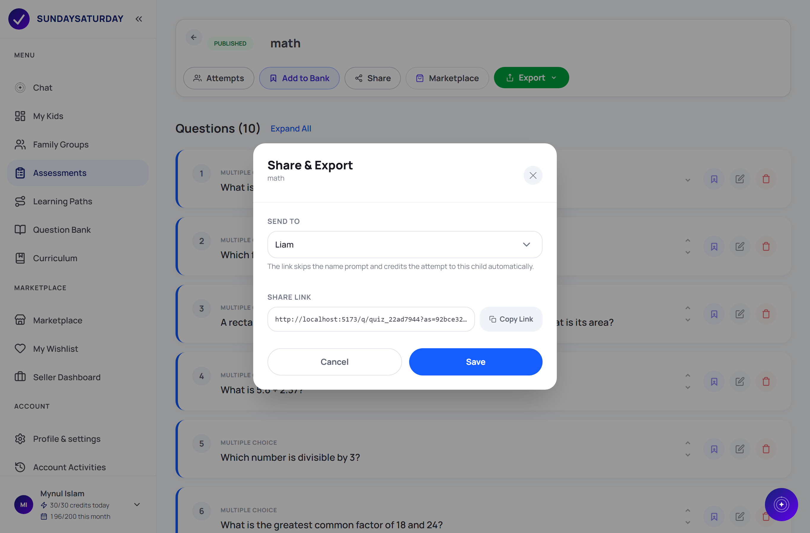 The Share & Export pop-up with a Send-to dropdown set to a child and a ready-to-copy share link.