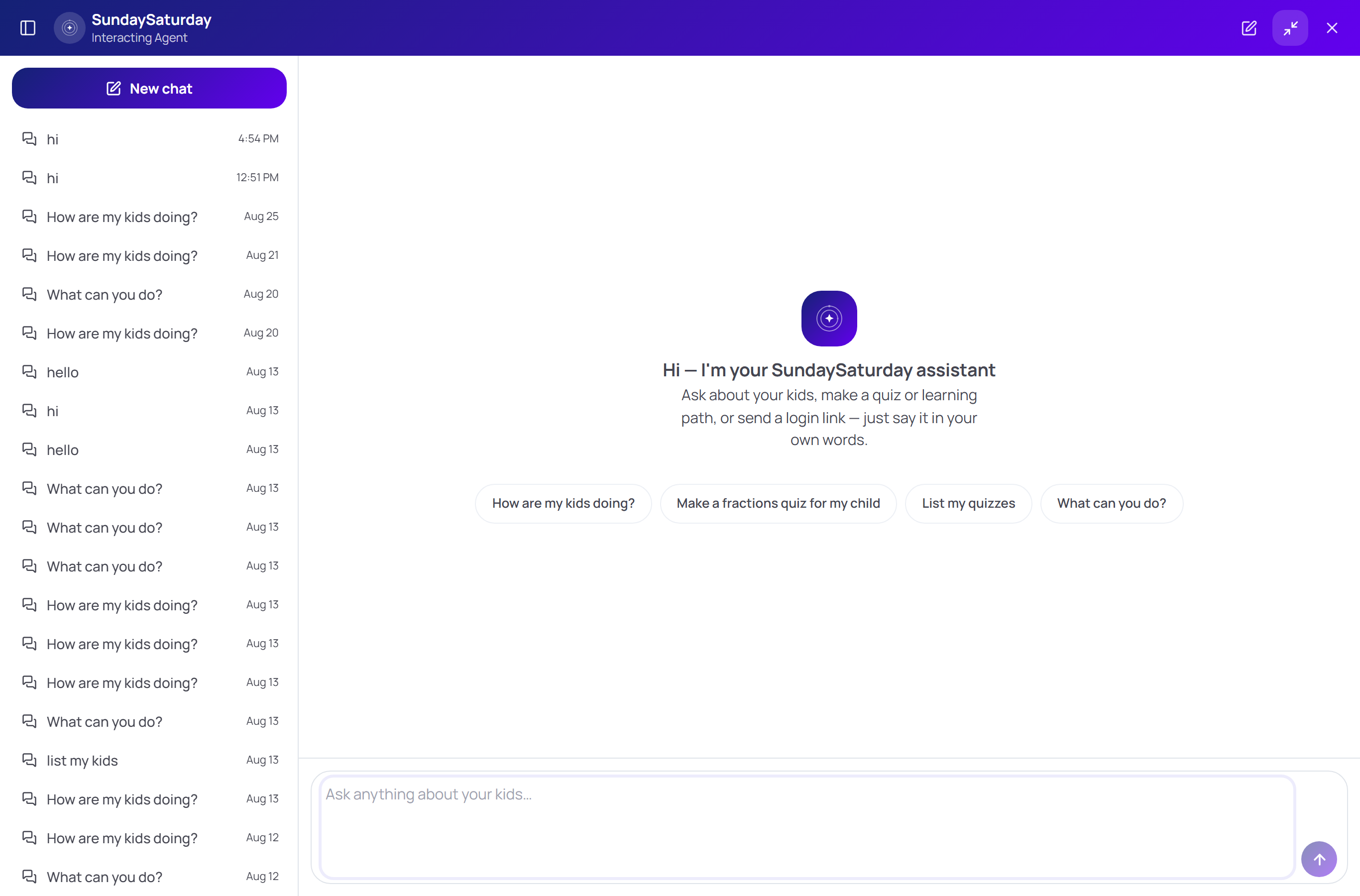 The assistant in full-screen mode with a list of past conversations on the left and starter suggestions in the middle.