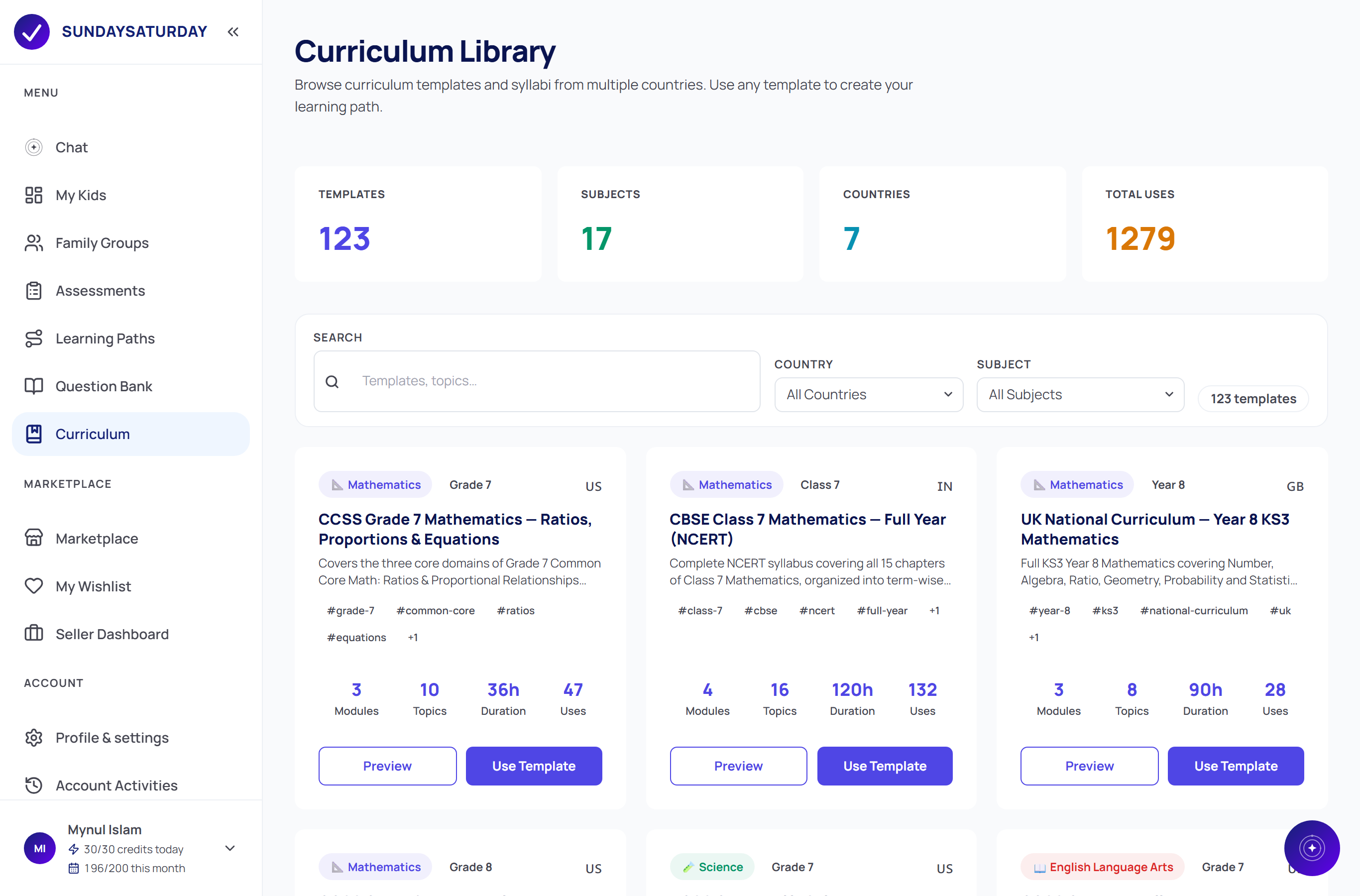 The Curriculum Library showing 123 ready-made templates from several countries, each with modules, topics, duration and Preview and Use Template buttons.