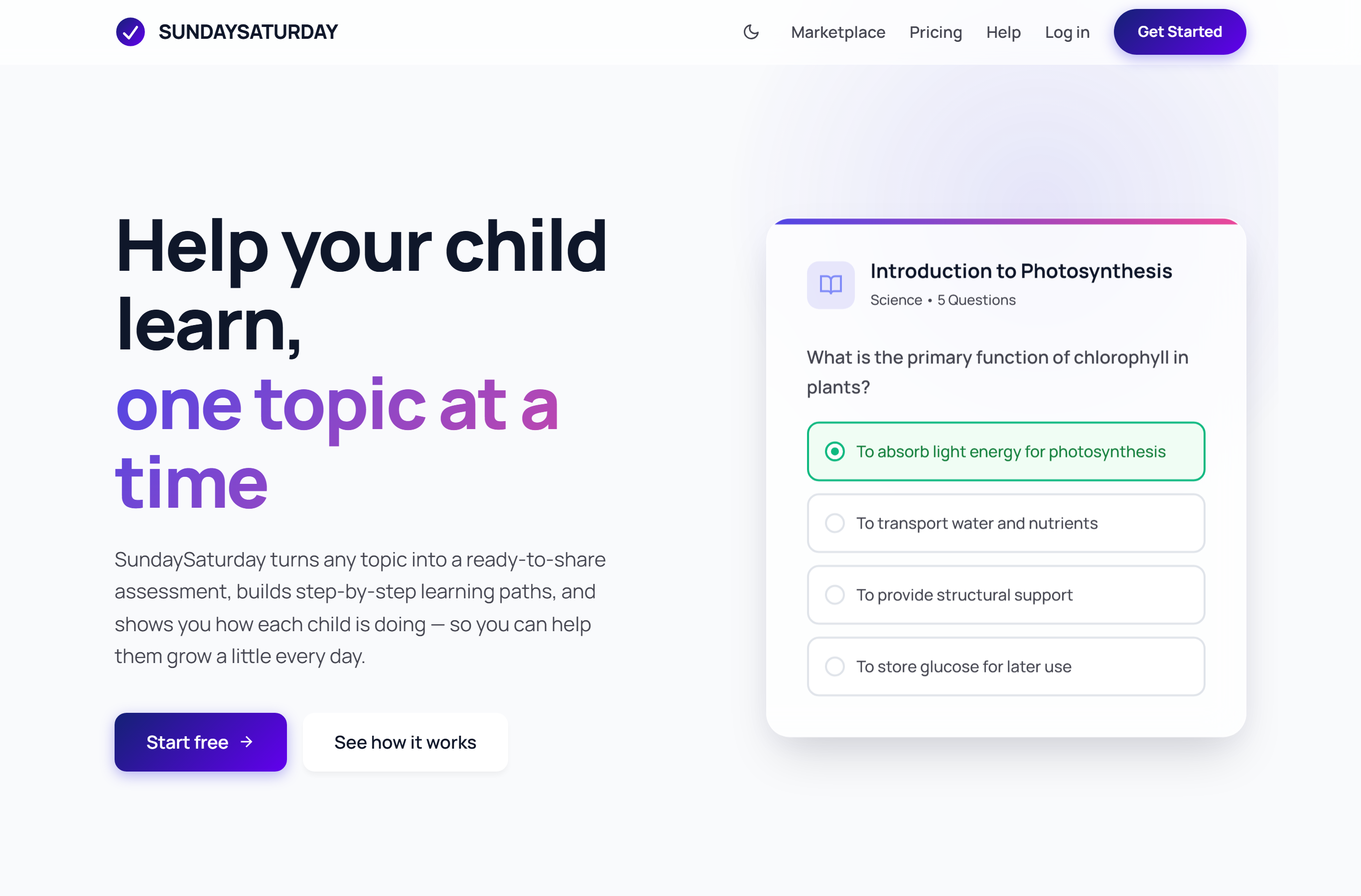 The SundaySaturday welcome page with a Get Started button in the top-right corner.