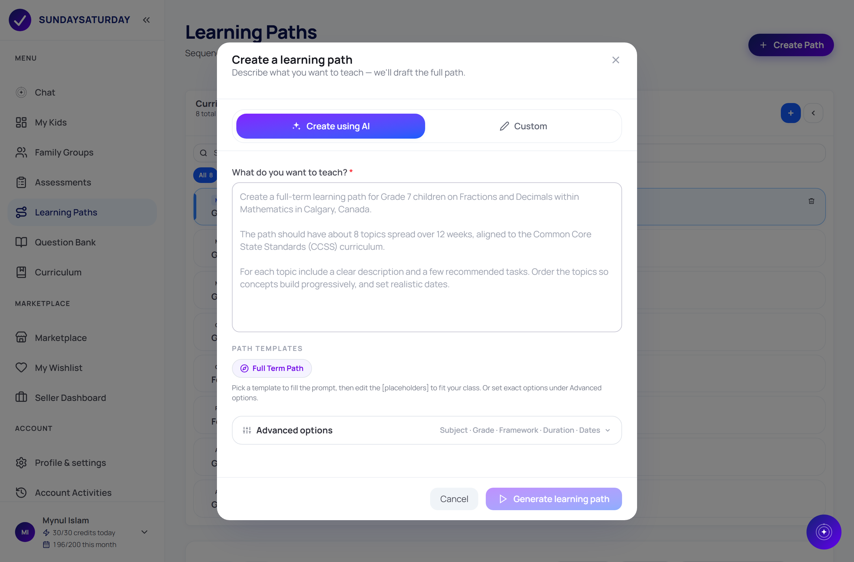 The Create a learning path pop-up with a box to describe what you want to teach, path templates, and advanced options for subject, grade, framework and dates.