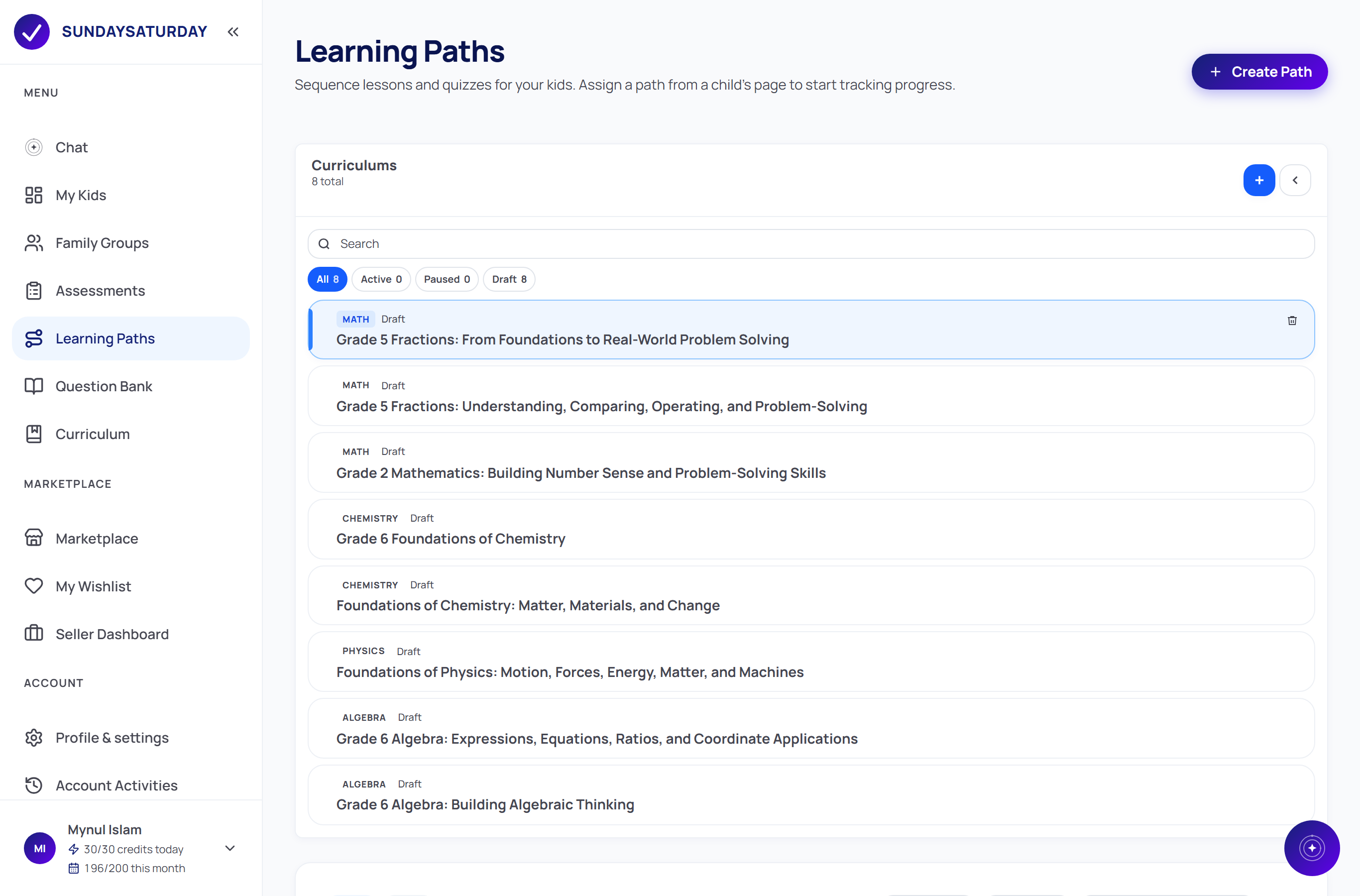 A generated eight-topic 'Grade 5 Fractions' learning path showing the topics in sequence with descriptions, tasks and Assign and Share buttons.