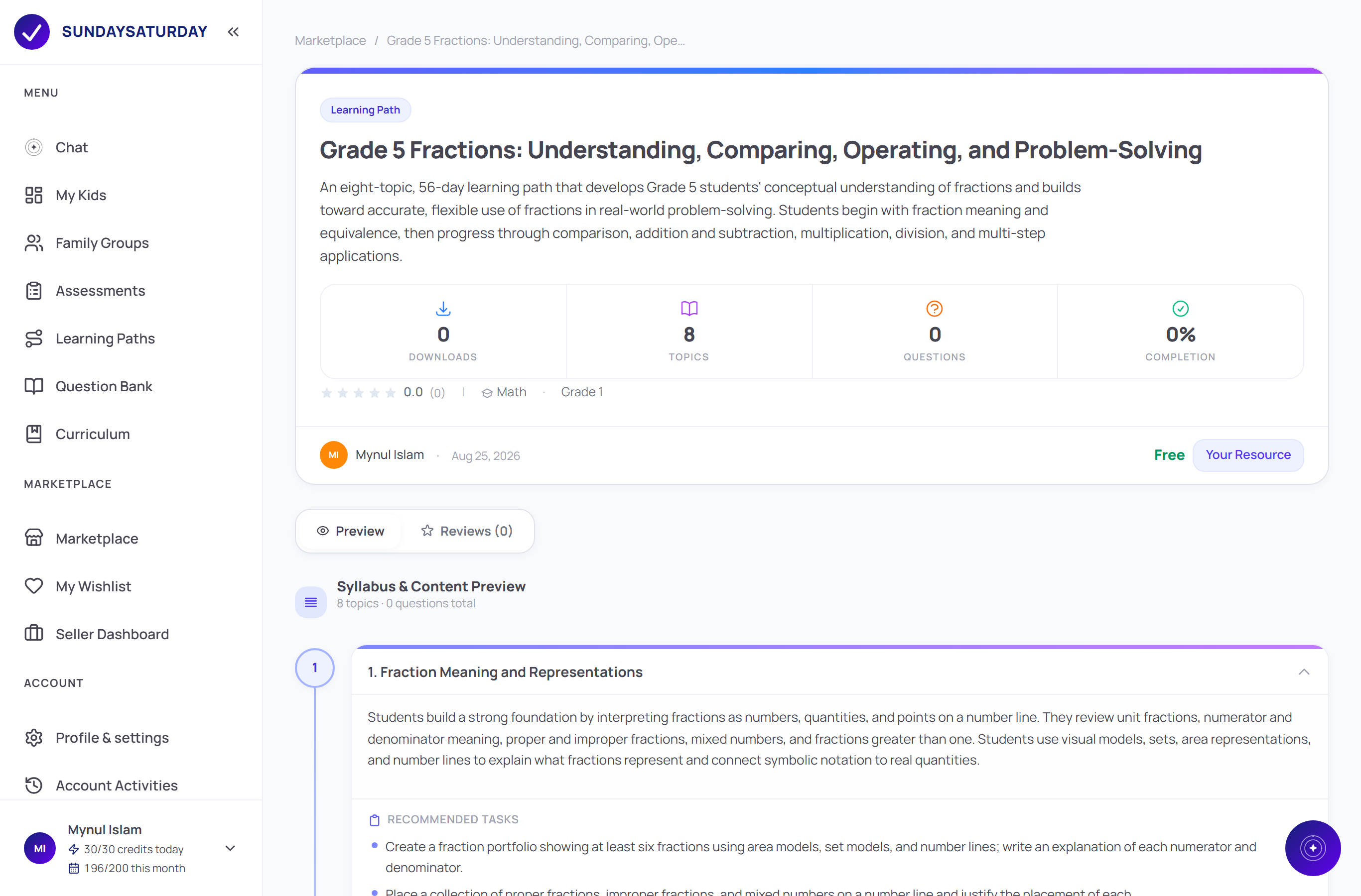 A learning-path listing page showing its description, topic count, rating, author, and a full syllabus preview you can expand topic by topic.
