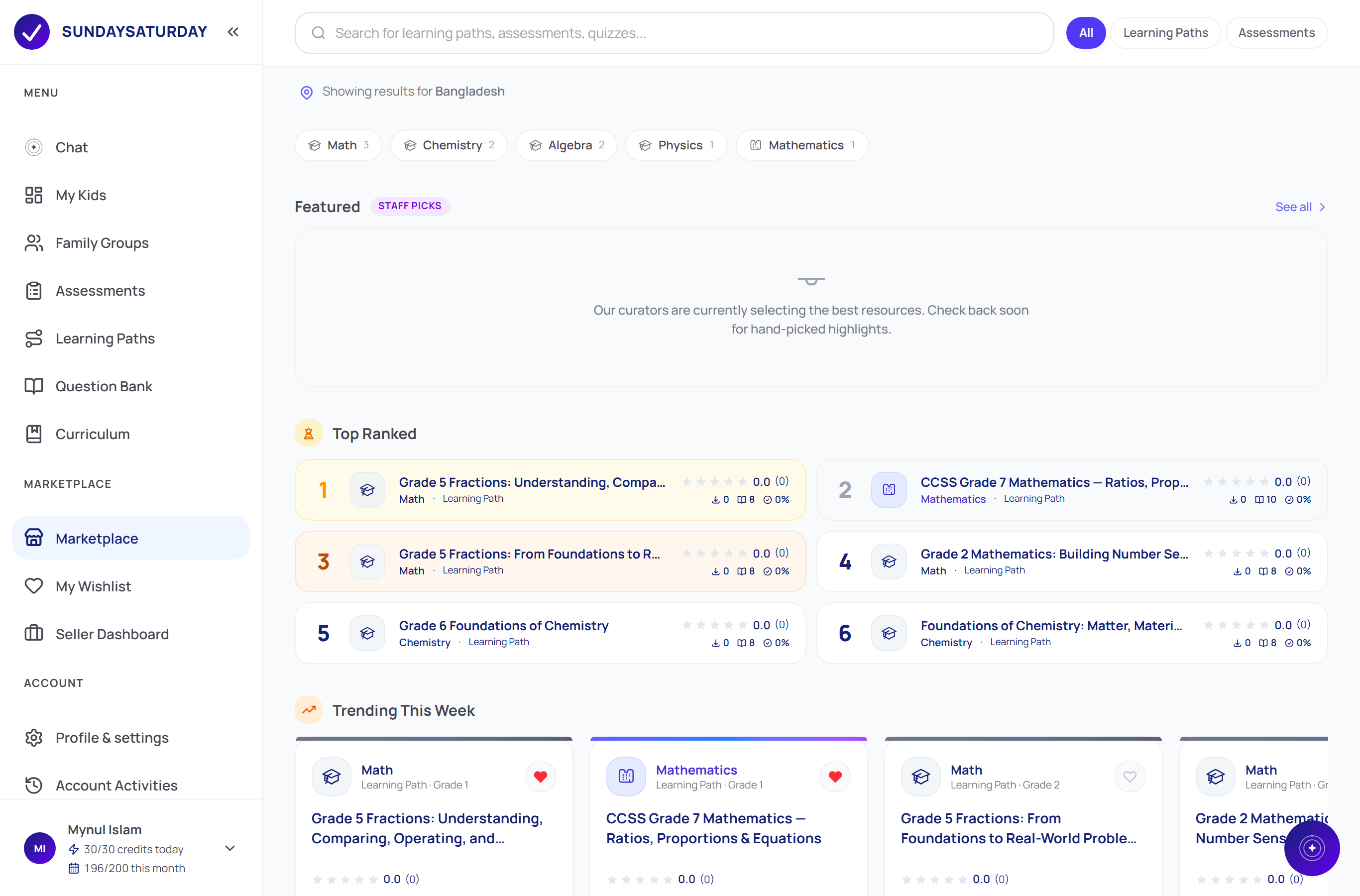 The Marketplace home with a search bar, subject filters, and Featured, Top Ranked, Trending and New Arrivals sections of learning paths and assessments.