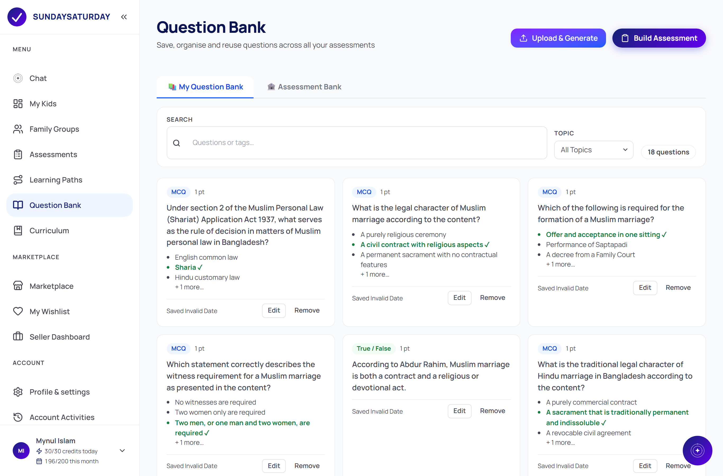 The Question Bank page with saved questions in a grid — each shows its type, answer options with the correct one marked, and Edit and Remove buttons — plus a topic filter.
