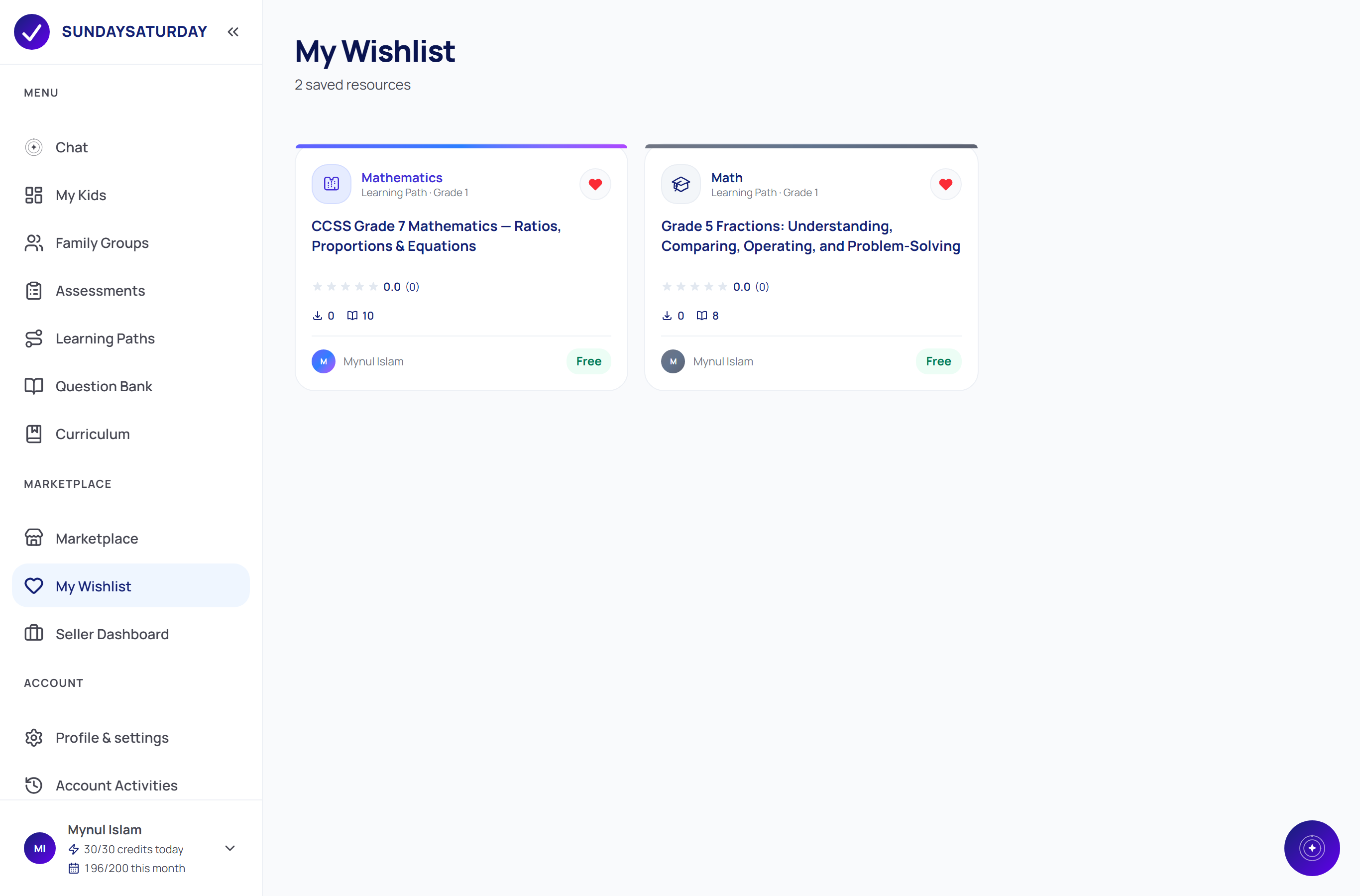 The My Wishlist page showing saved learning paths, each with a filled heart.